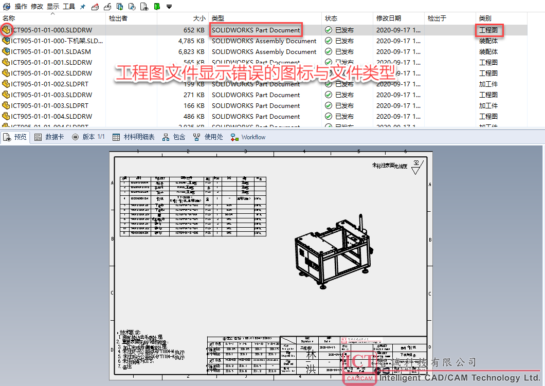 PDM视图中文件类型列显示“SLDPRT文档”和错误的零件图标