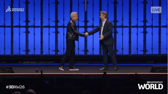 NVIDIA（英伟达）创始人兼首席执行官黄仁勋与达索系统首席执行官 Pascal Daloz同台亮相