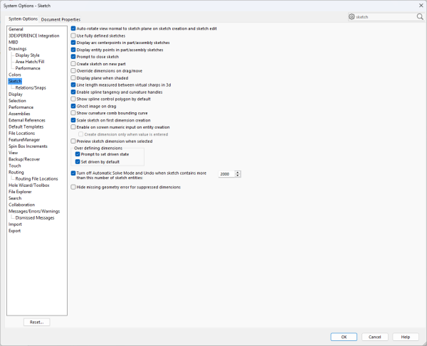 系统选项中的草图标签