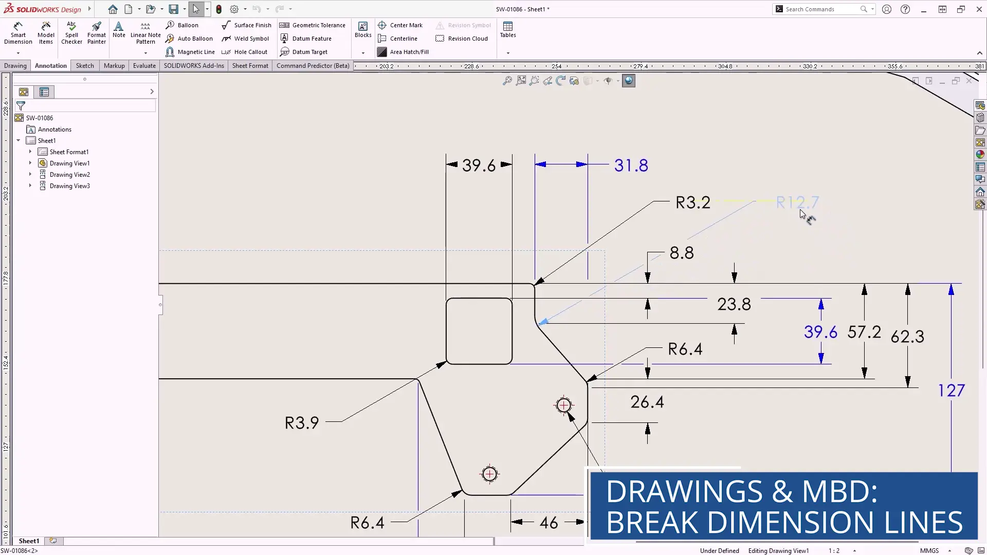 SOLIDWORKS 2026 版工程图与 MBD：优化后的尺寸中断功能