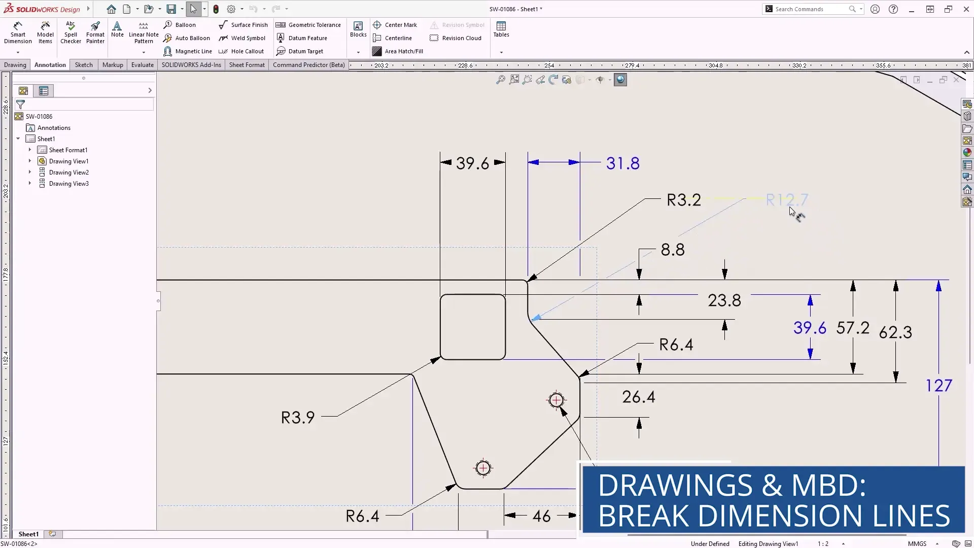SOLIDWORKS 2026 版工程图与 MBD：优化后的尺寸中断功能