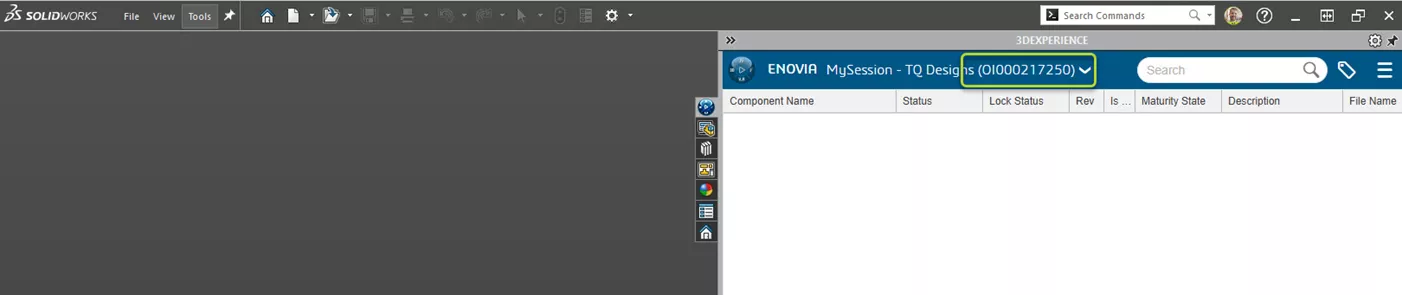 平台名称会显示在 SOLIDWORKS 任务窗格的我的会话选项卡中 平台名称会显示在 SOLIDWORKS 任务窗格的我的会话选项卡中