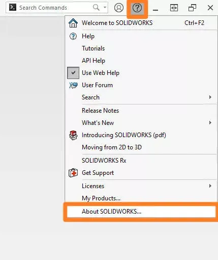 菜单中选择关于 SOLIDWORKS选项 菜单中选择关于 SOLIDWORKS选项