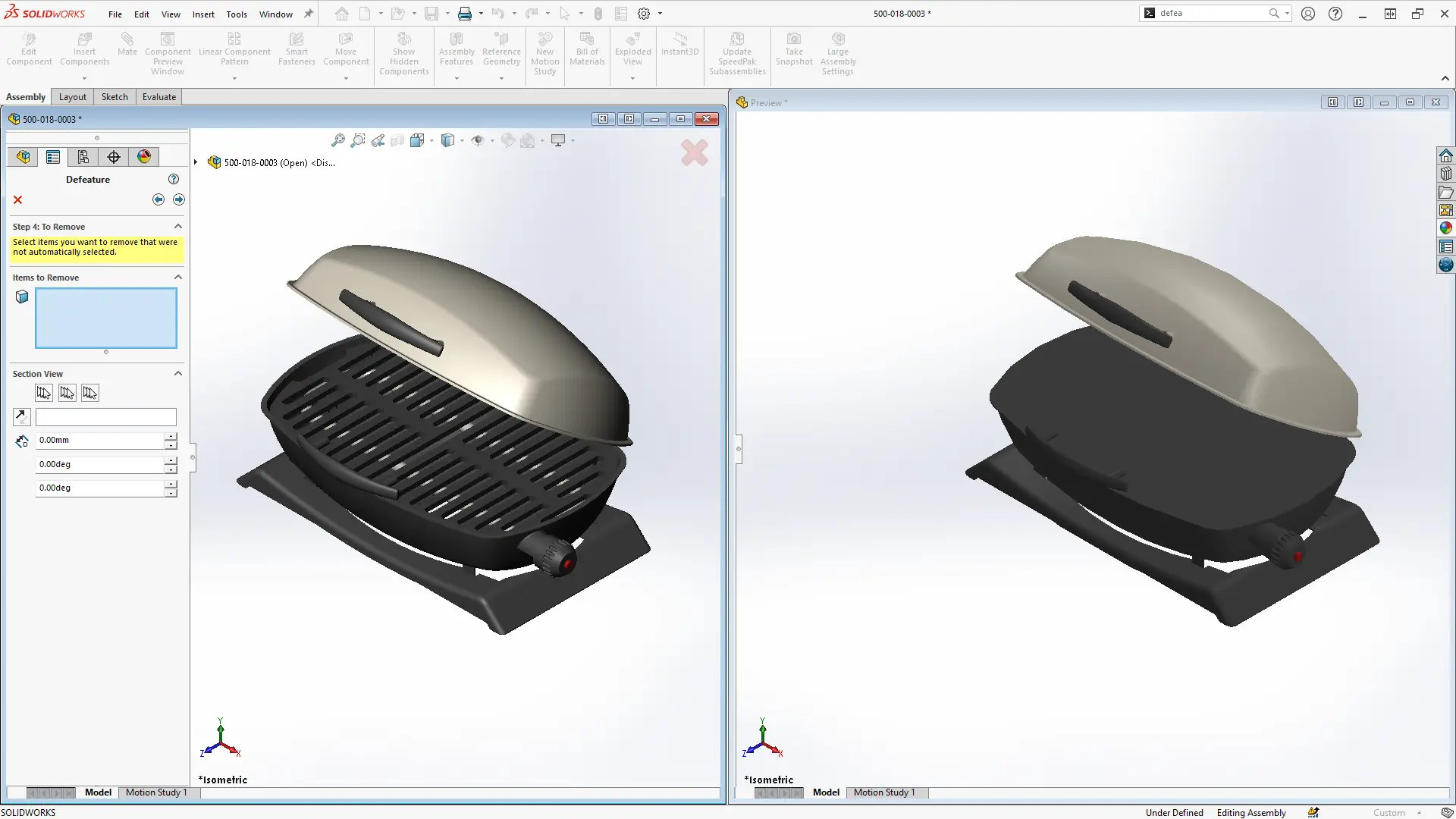 SOLIDWORKS 操作界面 3 秒演示：文件 编辑 视图 插入 工具 窗口，文件编号 500-018-0003，去特征功能操作