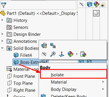 从 SOLIDWORKS 特征树隔离实体的操作示意
