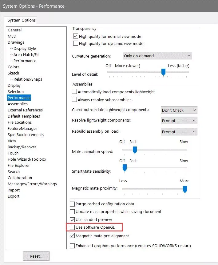 依次点击工具 > 选项 > 系统选项 > 性能,随后勾选使用软件版 OpenGL选项即可 依次点击工具 > 选项 > 系统选项 > 性能,随后勾选使用软件版 OpenGL选项即可
