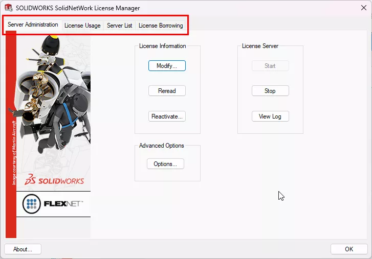 网络许可管理器中有 5 个功能选项卡