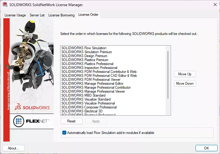 许可排序选项卡用于管理 SOLIDWORKS 许可的调取优先级