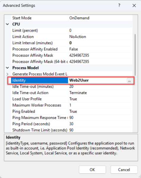 为 Web2 设置 Microsoft IIS 身份