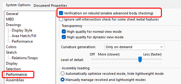 选中性能选项卡,勾选重建时验证功能。 选中性能选项卡,勾选重建时验证功能。
