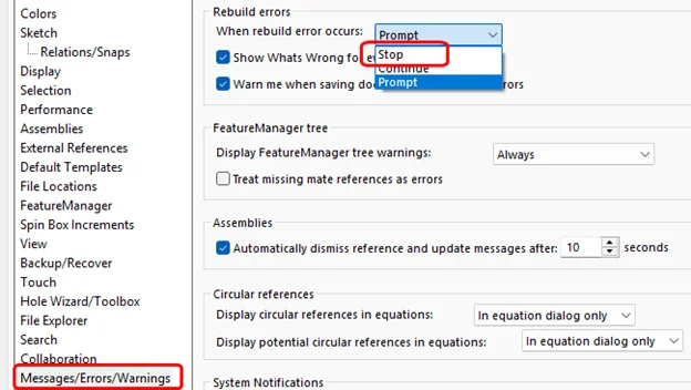 开启 “发生错误时停止特征重建” 功能 开启 “发生错误时停止特征重建” 功能