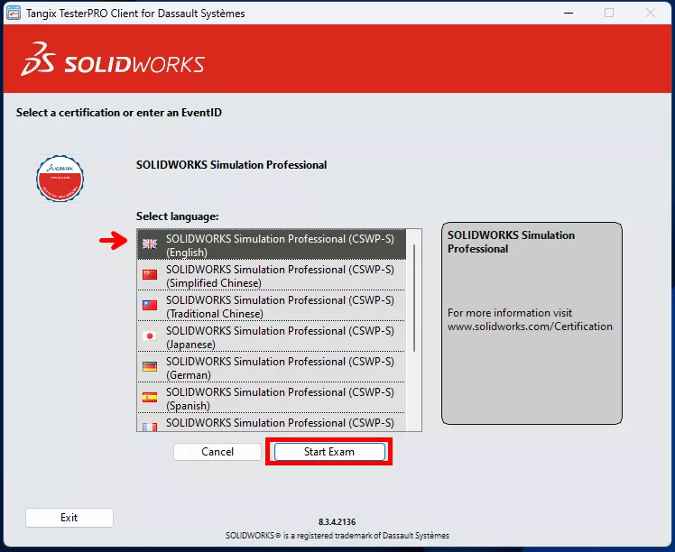 选择考试的偏好语言，“开始考试” 按钮的功能开始！