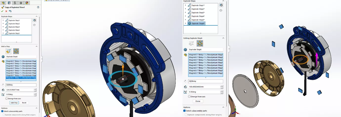 SOLIDWORKS 还支持围绕一个大圆周进行装配体爆炸，使主装配体保持在中心位置