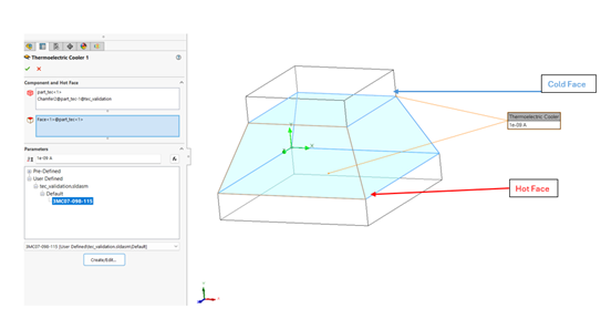 SOLIDWORKS Flow Simulation 中热电制冷器的定义界面,标注冷端面、热端面、铜层 SOLIDWORKS Flow Simulation 中热电制冷器的定义界面,标注冷端面、热端面、铜层