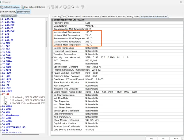 SOLIDWORKS Plastics 分析项目的材料属性设置界面