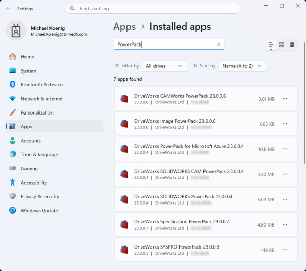 Windows 已安装应用界面,搜索出 7 款 DriveWorks 功能包 Windows 已安装应用界面,搜索出 7 款 DriveWorks 功能包