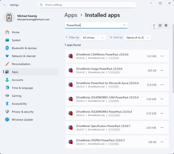 Windows 已安装应用界面,搜索出 7 款 DriveWorks 功能包 Windows 已安装应用界面,搜索出 7 款 DriveWorks 功能包