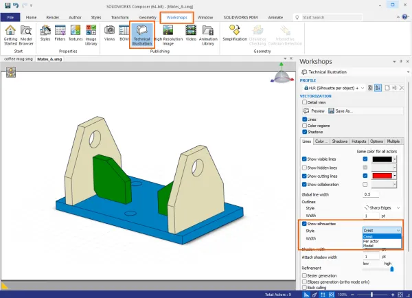 SOLIDWORKS Composer轮廓样式：脊线、按角色及整体模型样式
