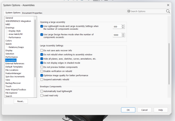 SOLIDWORKS 大型装配体性能设置界面 SOLIDWORKS 大型装配体性能设置界面