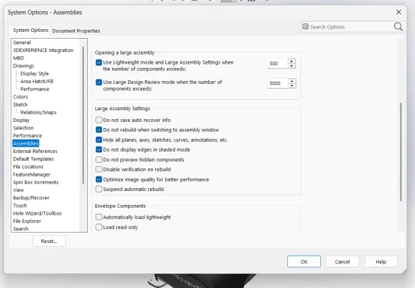 SOLIDWORKS 大型装配体性能设置界面 SOLIDWORKS 大型装配体性能设置界面