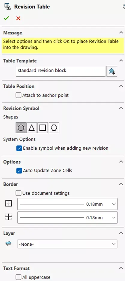 SOLIDWORKS 修订表属性管理器 SOLIDWORKS 修订表属性管理器