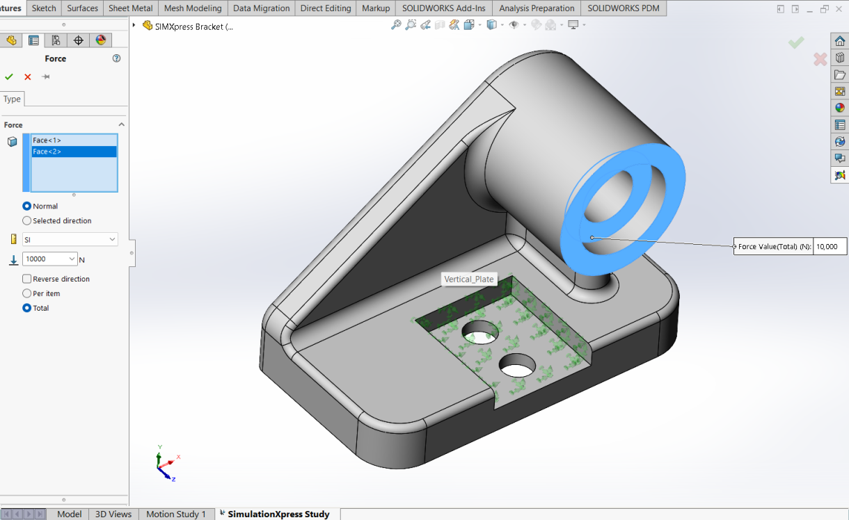 在模型竖直面上施加力载荷,设置总力 10000N,法向施加 在模型竖直面上施加力载荷,设置总力 10000N,法向施加