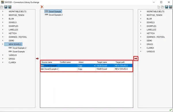 点击指向目标库的箭头按钮，即可执行传输操作。