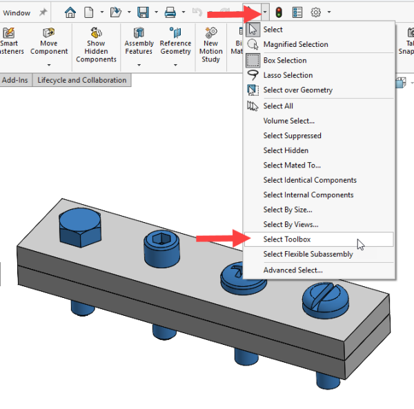 使用选择工具箱识别所有紧固件