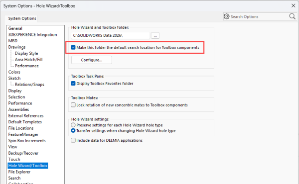 SOLIDWORKS Toolbox组件系统选项