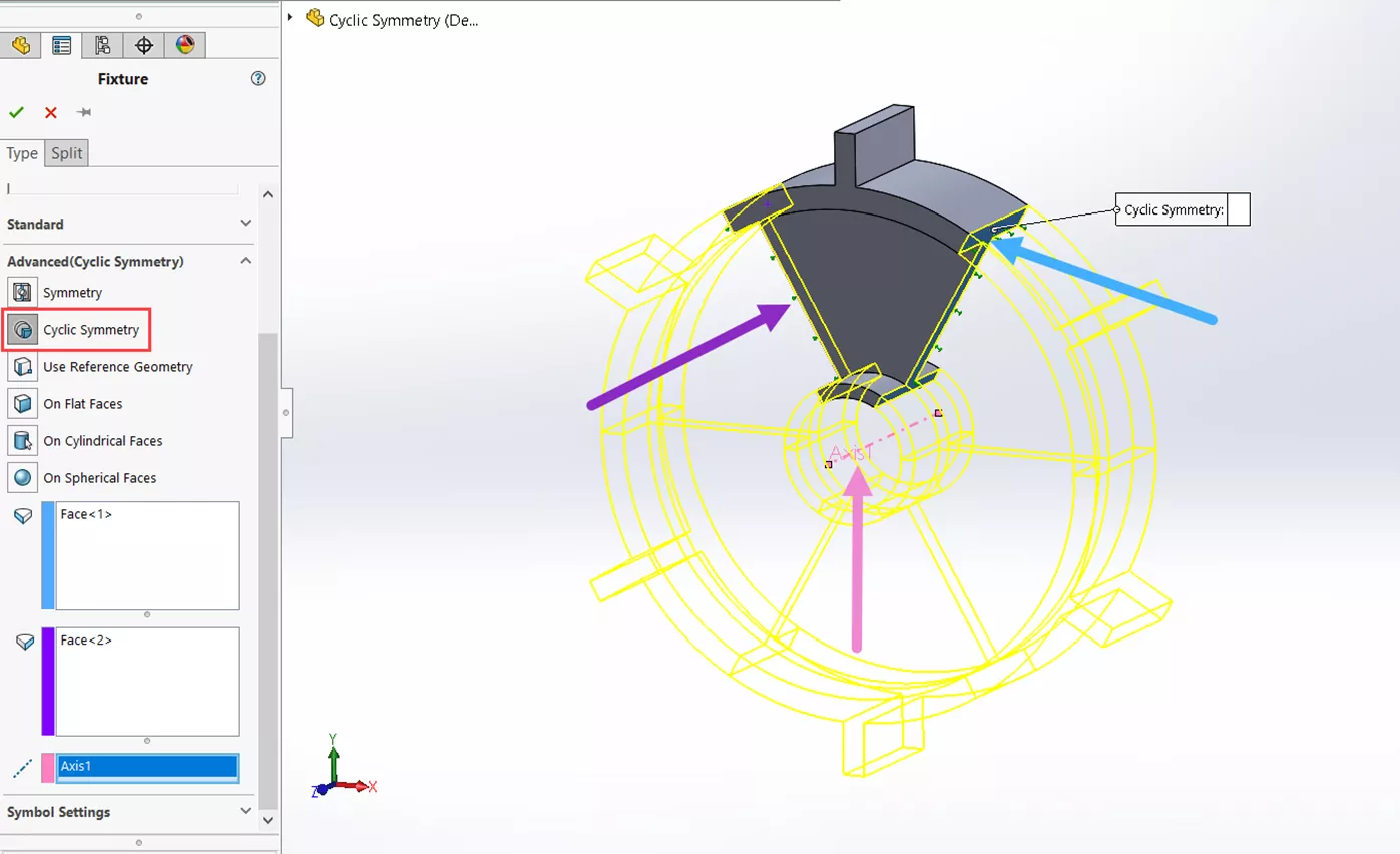 设置循环对称需要选择三项：起始面、结束面、中心轴