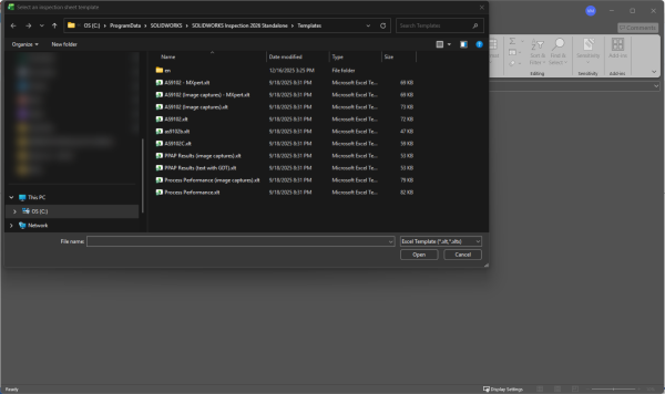 在Excel中打开SOLIDWORKS Inspection模板