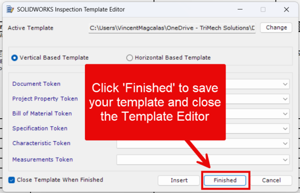保存SOLIDWORKS Inspection模板