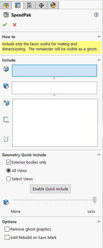 快速封装配置（SpeedPak）属性管理器提示