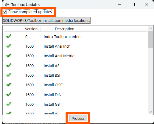 完成的SOLIDWORKS工具箱更新