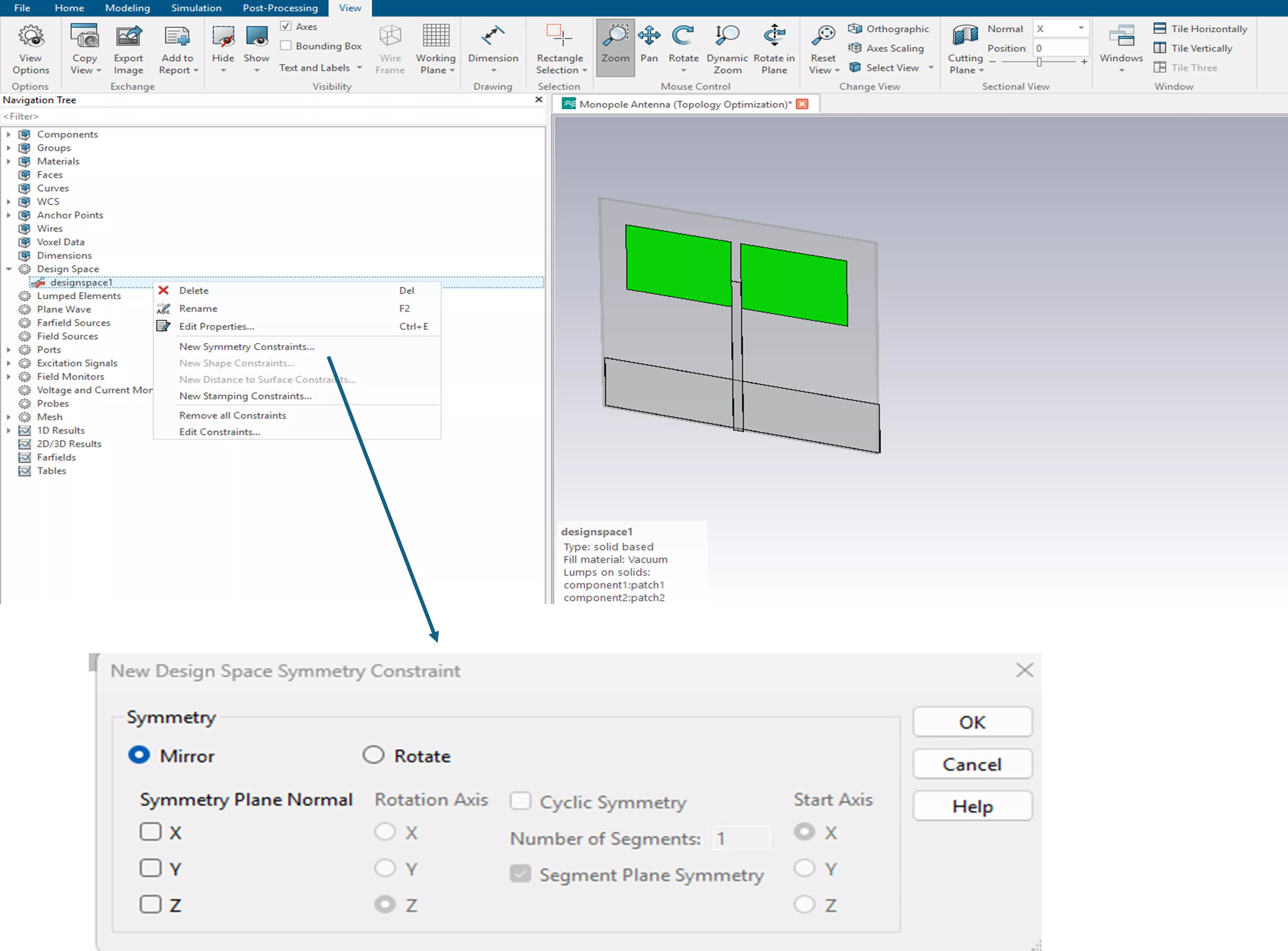  CST Studio Suite 主页选项卡中的非参数化优化器功能，设定优化目标。