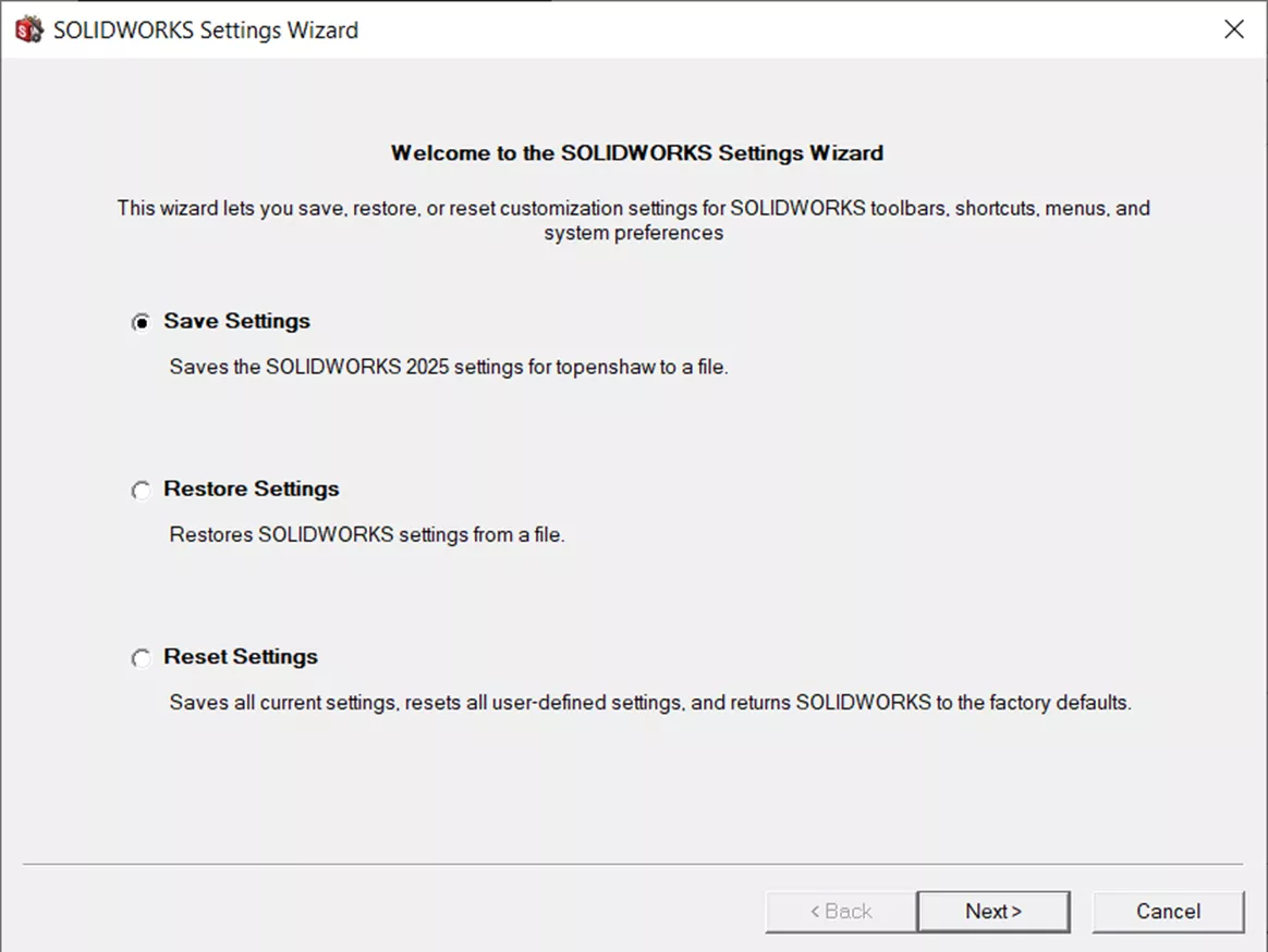 SOLIDWORKS 2023 及更高版本（设置向导）：保留上述两个选项，新增「重置设置」选项