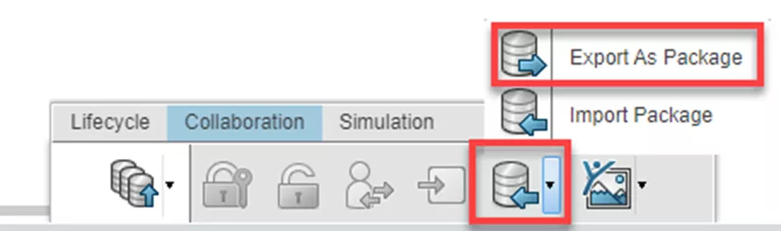 在 3DEXPERIENCE 选项卡内切换至协作面板，选择导出为数据包。