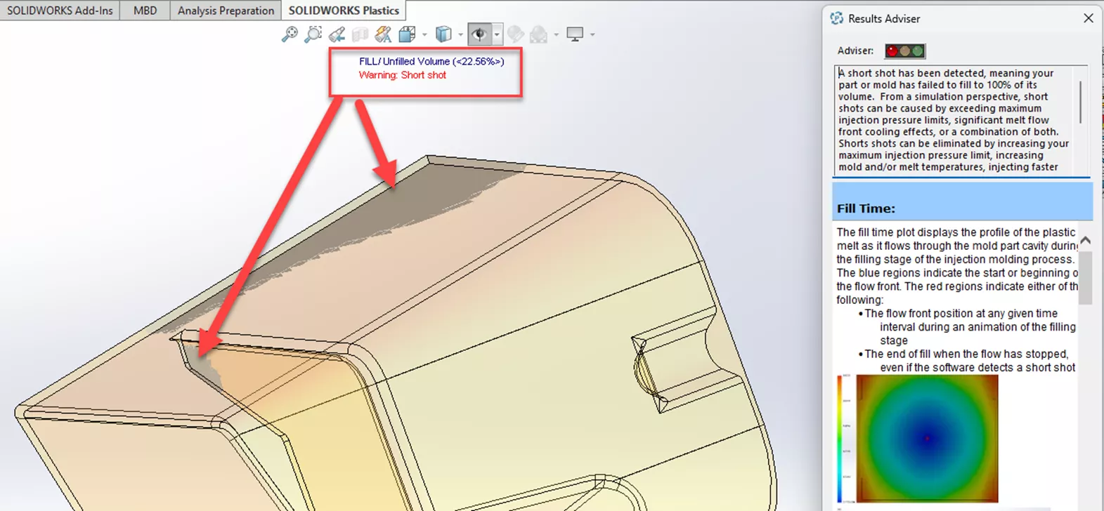 SOLIDWORKS Plastics 2026软件新增未充填体积云图结果图