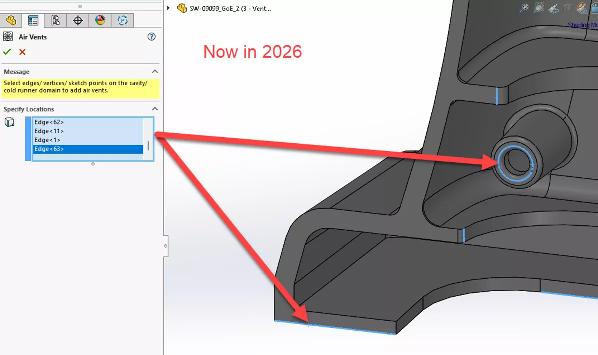 SOLIDWORKS Plastics 2026 版支持直接在模型边线上定义排气边界条件