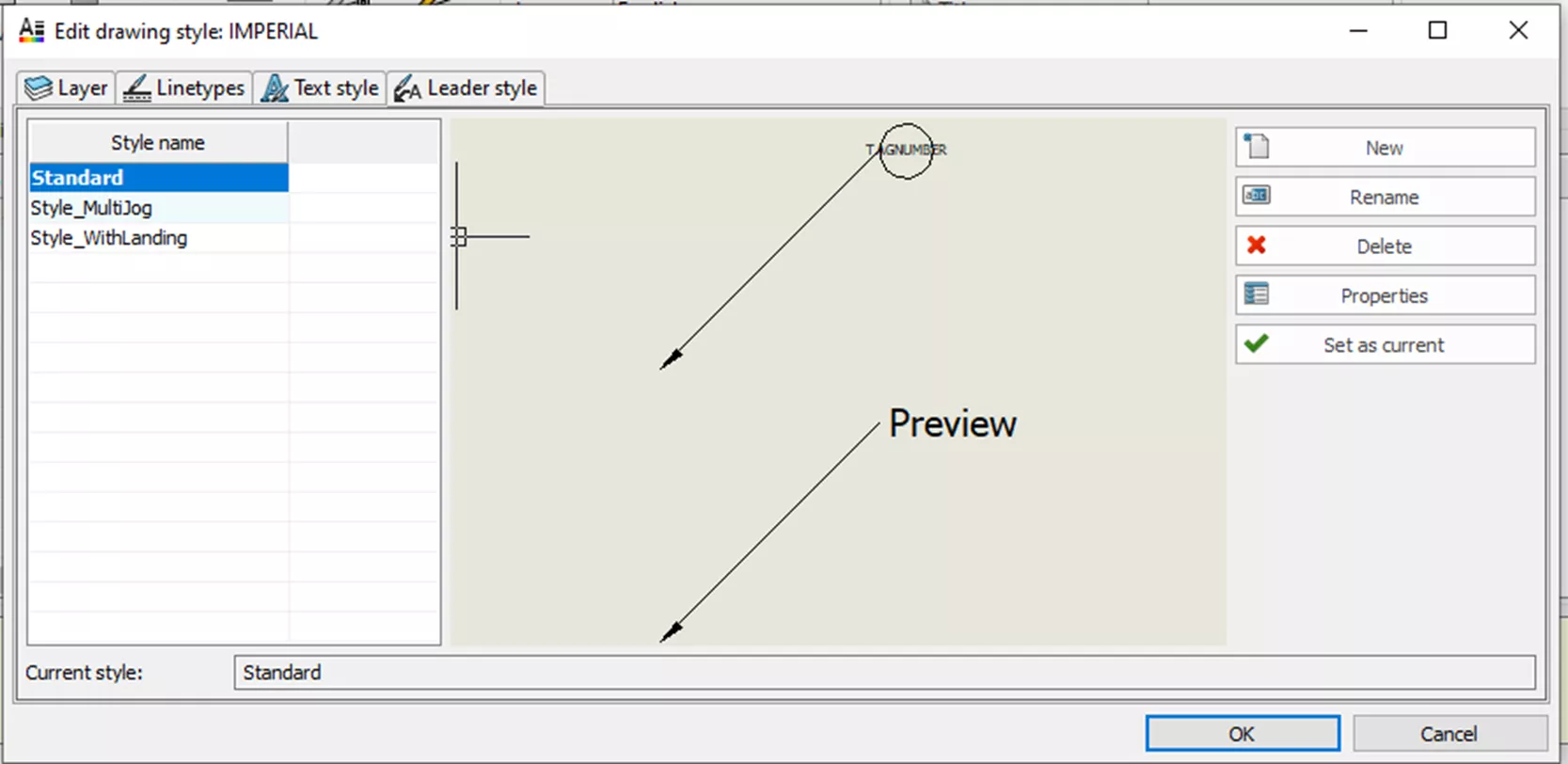 指引线样式选项卡显示现有指引线列表、预览窗口及操作命令