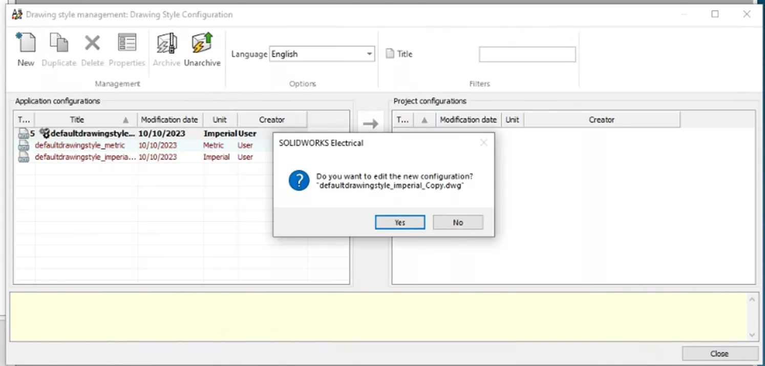 SOLIDWORKS Electrical软件会弹出提示框，询问是否立即编辑新配置，本案例选择是