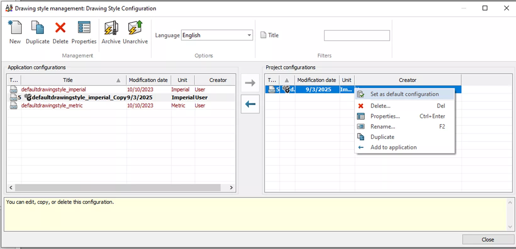 右键单击项目配置中的该样式，选择设为默认配置，替换配置项目菜单中的当前图纸样式。