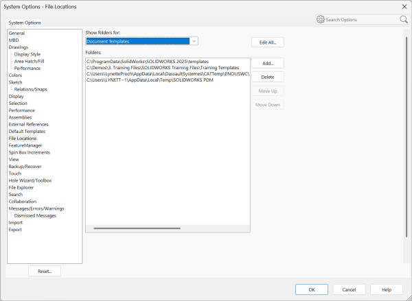系统选项中的SOLIDWORKS文档模板