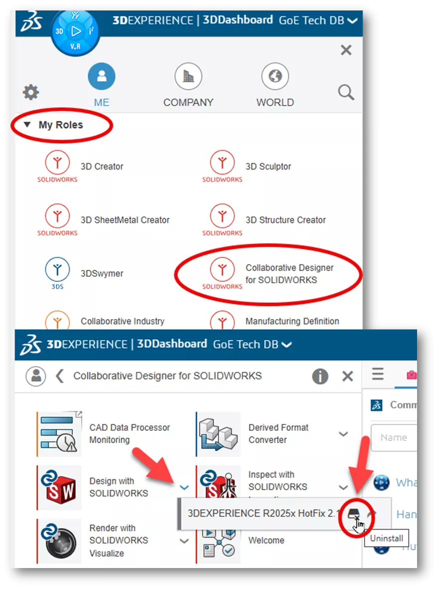 点击 SOLIDWORKS 应用程序旁的下拉箭头，等待弹出菜单出现，然后点击卸载按钮