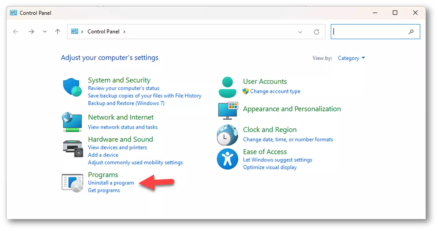 在 Windows 控制面板中，点击程序下方的卸载程序