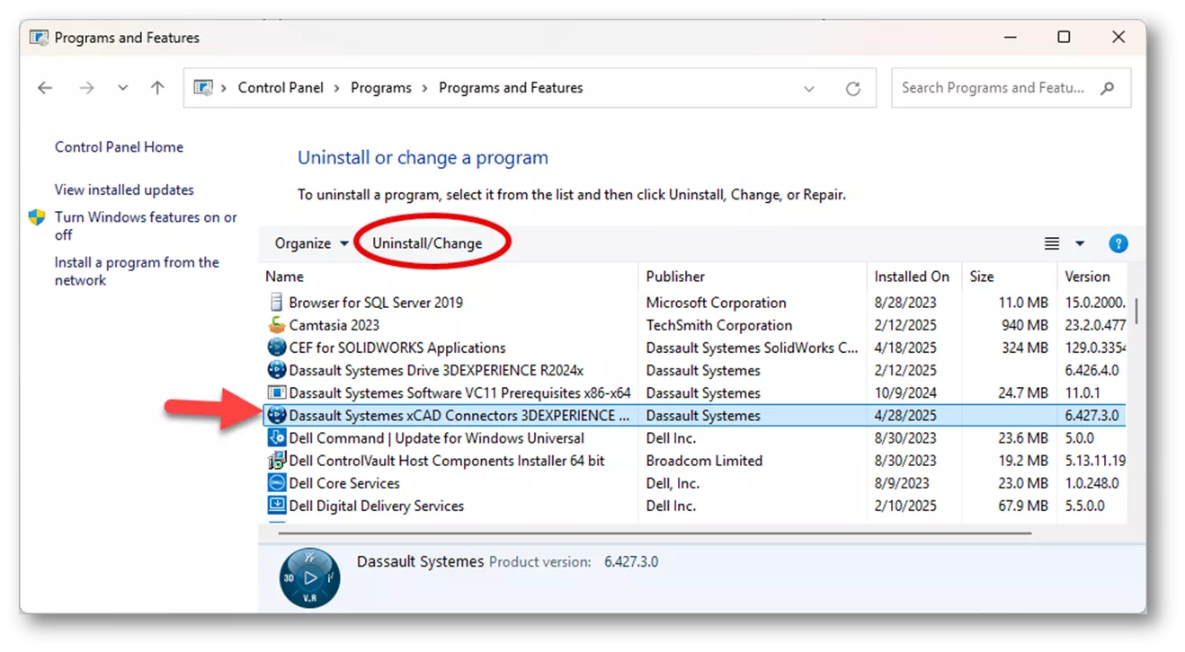 选中该应用程序，然后点击卸载 / 更改。