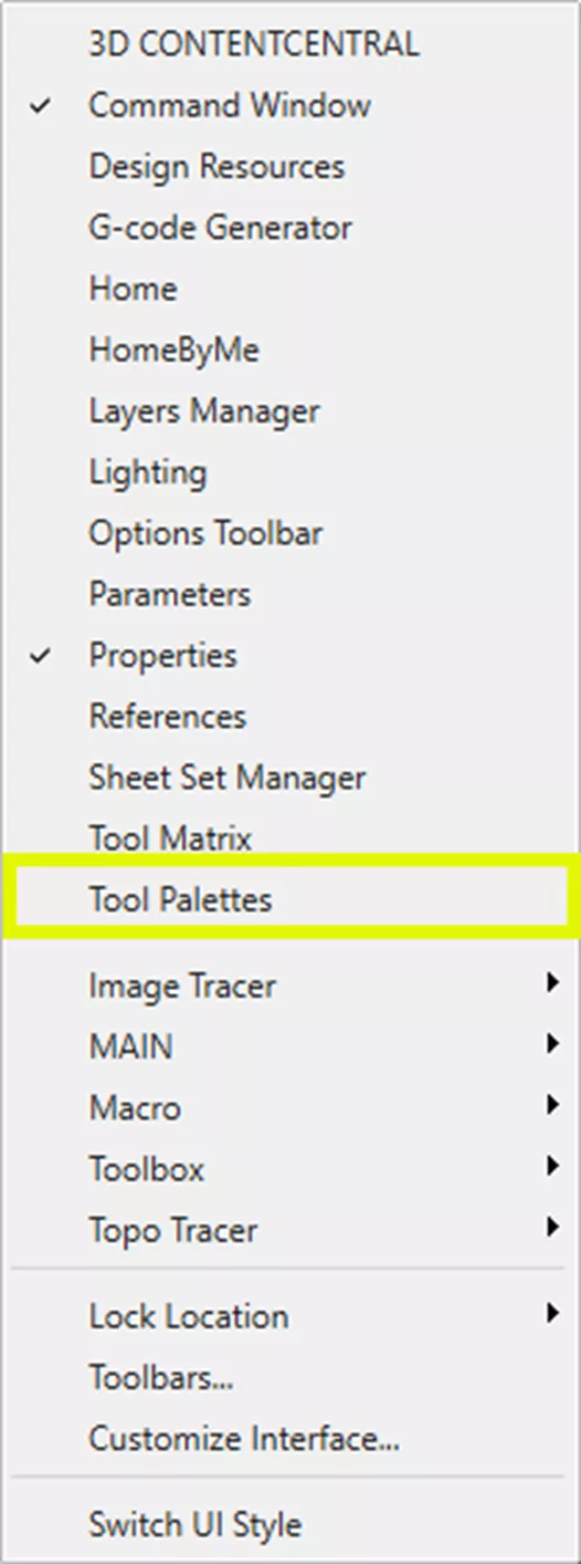 访问DraftSight工具选项板