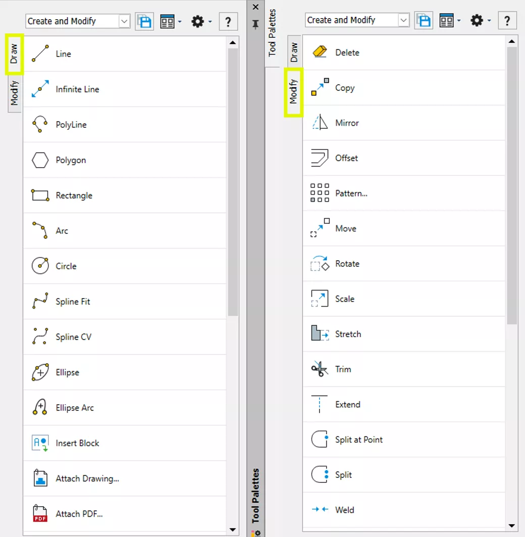 这两个选项板内置了用于创建绘图实体、编辑现有图形对象的各类工具与命令