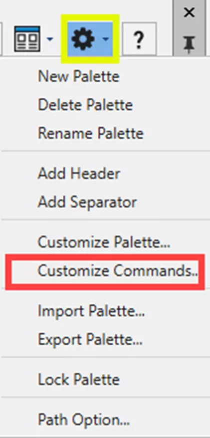 展开工具选项板面板，单击选项图标，选择自定义命令，打开自定义 - 命令对话框