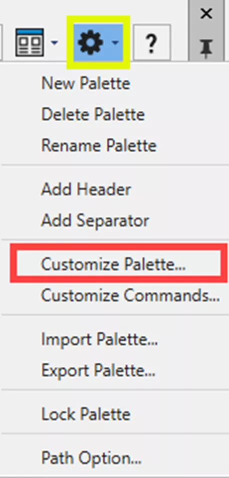 单击选项板顶部设置按钮，选择自定义选项板。